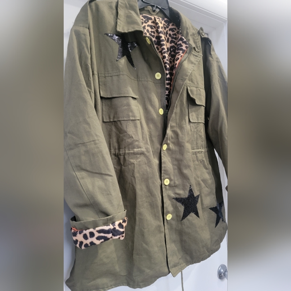 "Not For You" sequin khaki star women's utility Jacket with leopard lining 3XL - Picture 2 of 7